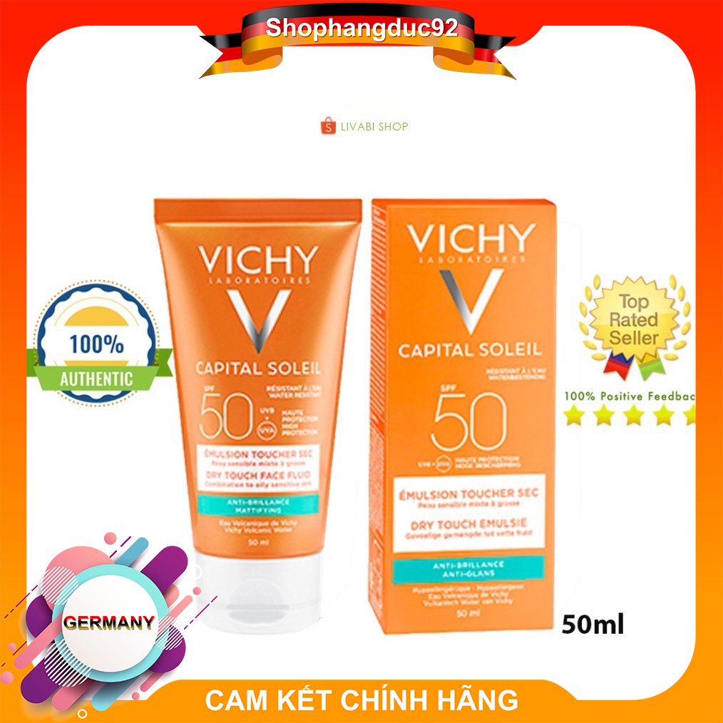 Kem chống nắng SPF 50 UVA +UVB Vichy Capital Soleil Mattifying Dry Touch Face Fluid
