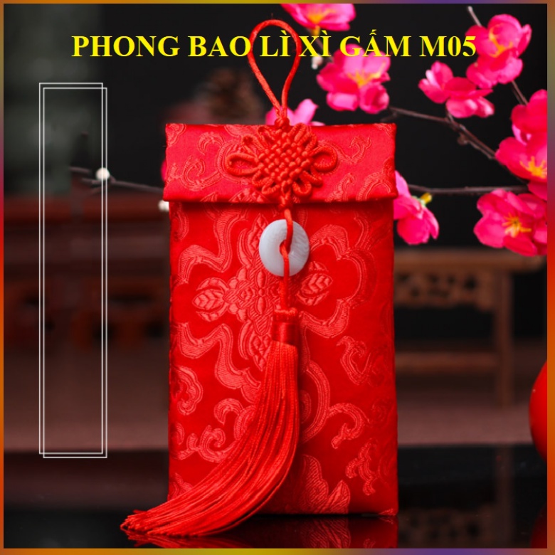 Phong Bao Quà Tặng Bằng Vải Gấm Đỏ Thêu Hoa Văn Cao Cấp M05 Sang Trọng
