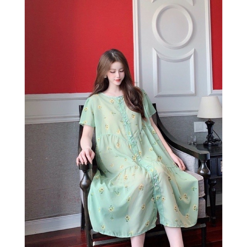 Đầm váy Bầu thiết kế ĐẸP RẺ, vải Voan 2 lớp tay bồng xinh xắn, FREESIZE mặc thoải mái suốt thai kì