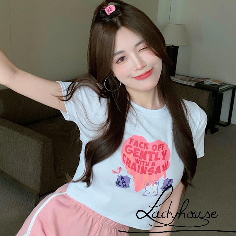 Áo Thun Nữ Ngắn Tay Cổ Tròn In Chữ Và Gấu Màu Trắng/Đen Thời Trang Mùa Hè