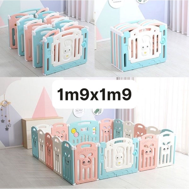 [Tặng Thảm Và 100 Banh] Quây Cũi Nhựa Gấp Gọn Hoạ Tiết Chú Thỏ, Nhựa Nguyên Sinh An Toàn, Màu Cam Trắng