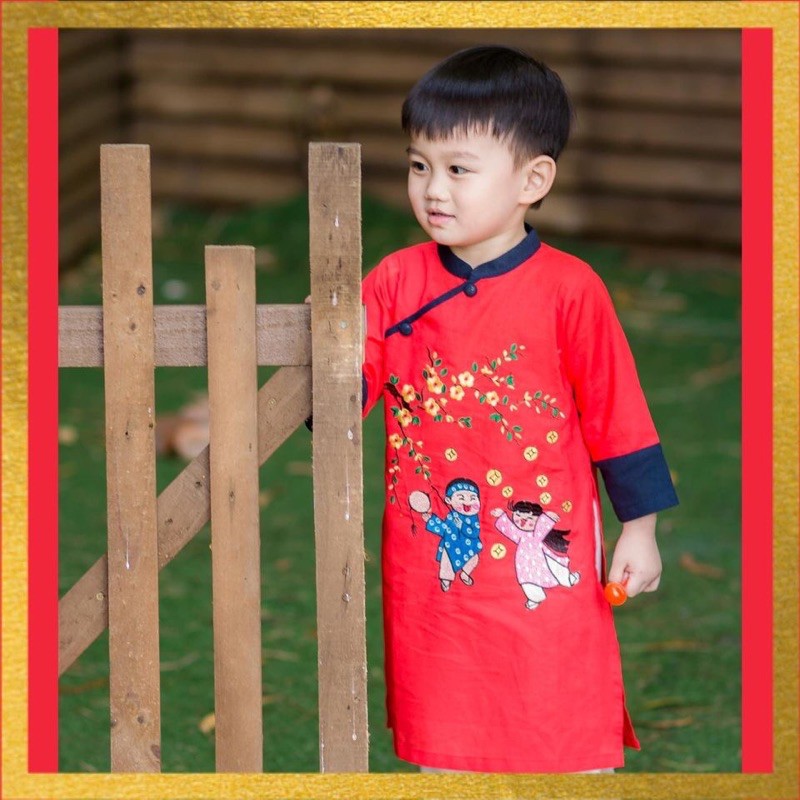 Áo dài bé trai đỏ thêu hoa mai linen Hàn Quốc mềm mại (áo dài đôi bé trai & bé gái) - Galyby