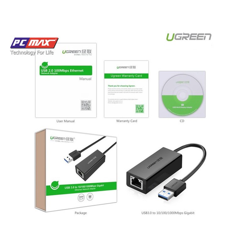 Cáp chuyển USB 3.0 sang LAN USB 3.0 to LAN tốc độ Gigabit Ugreen 20254 20255 20256 20257 50922- Hàng chính hãng