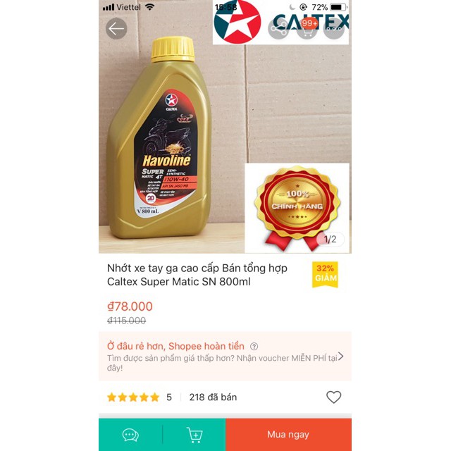 Nhớt xe tay ga cao cấp Bán tổng hợp Caltex Super Matic SN 800ml