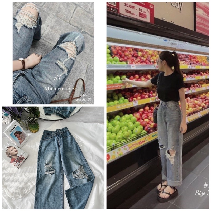 Quần Jean Nữ Bigsize Lưng Cao Ống Rộng Rách Kiểu Thời Trang Cực Đẹp Ms144