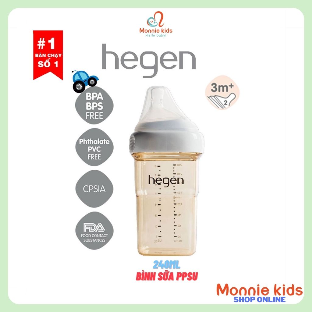 Bình sữa cho bé HEGEN PPSU 240ml núm số 2, bình sữa trẻ em cao cấp 3m+, Monnie Kids
