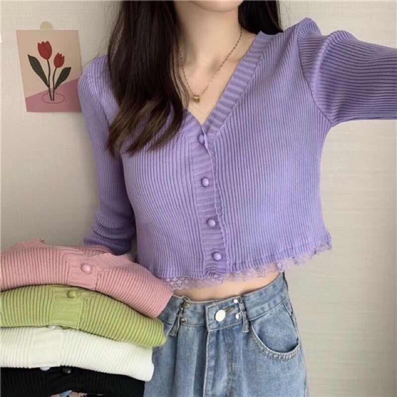 Áo len tăm dài tay croptop viền ren nhiều màu