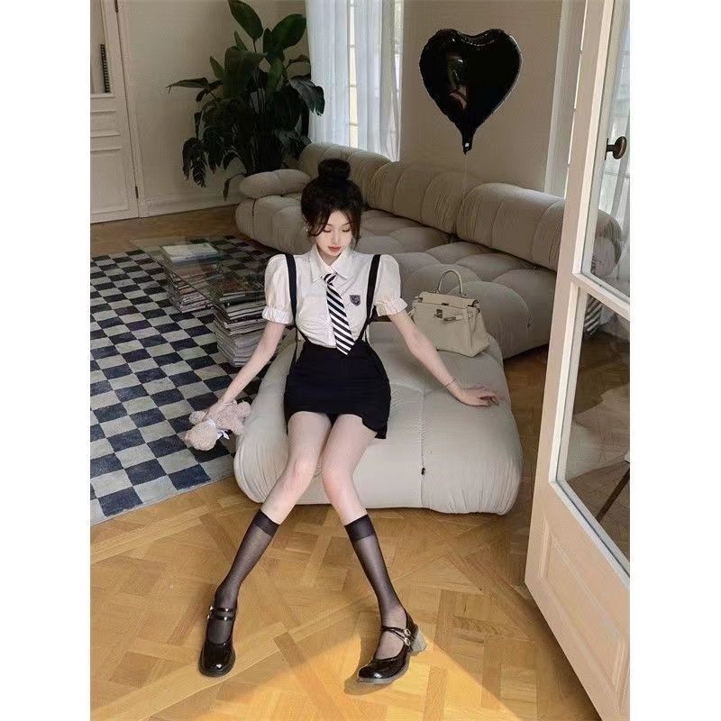 Hàng Có Sẵn  Bộ Đồng Phục Hai Mảnh Đầm Dây Buộc Hông Phong Cách Preppy Ngọt Ngào Có Thể Muối Ngọt Ngào Phong Cách Preppy Thời Trang Mùa Hè Cho Nữ