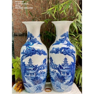 Set 2 lọ Lộc bình H60cm men lam, họa tiết vẽ thủ công. Gốm sứ Bát Tràng cao cấp