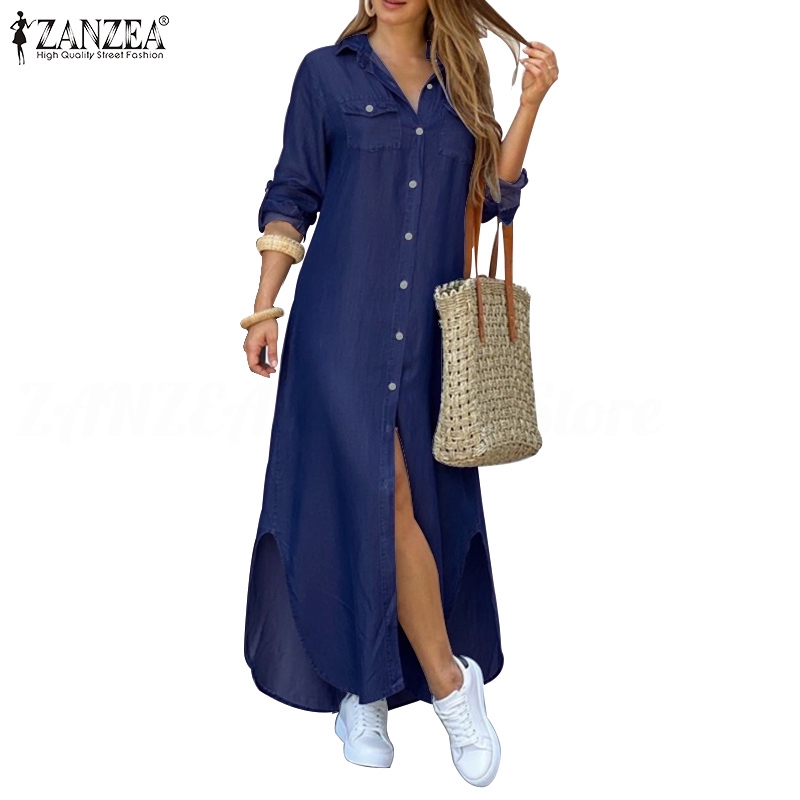Đầm maxi ZANZEA dài màu denim có cúc thời trang cho nữ