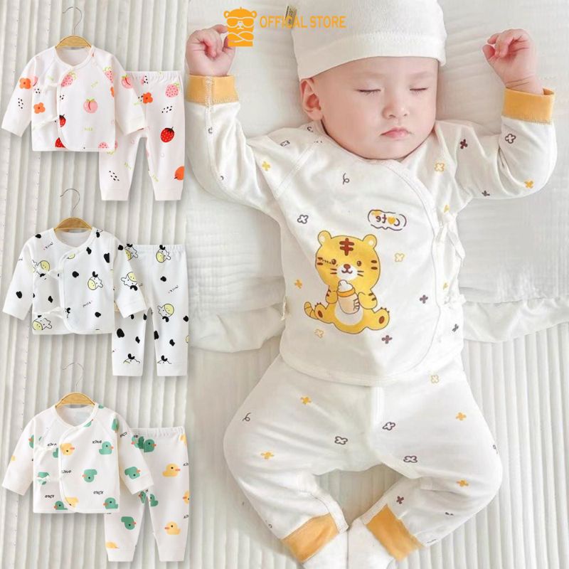 Bộ sơ sinh dài tay, bộ thu đông cho bé buộc dây in họa tiết đáng yêu size 3-12kg