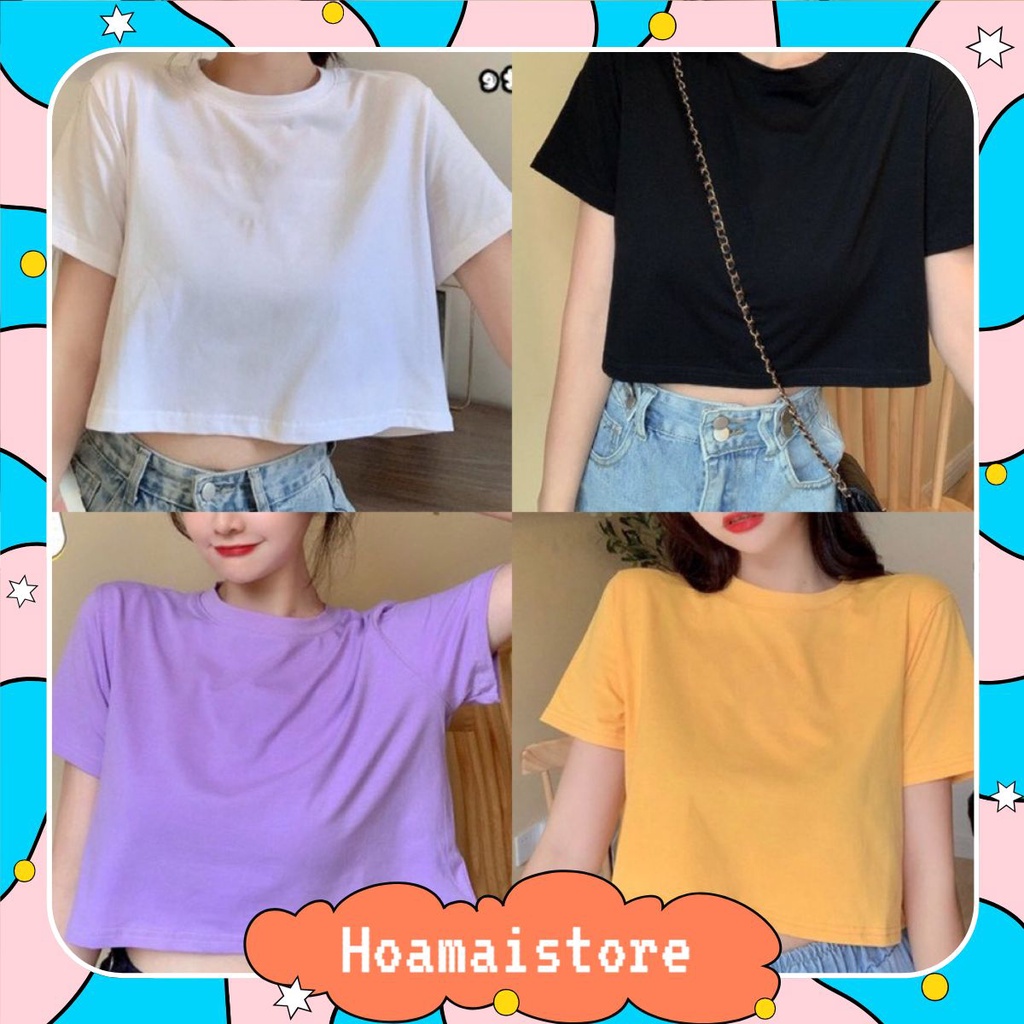  Áo croptop cổ tròn tay ngắn trơn form rộng 40-65kg(CRT001)