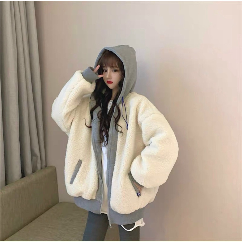 Áo Khoác Nữ, Áo Khoác Lông Phối Mũ Nỉ Logo Thêu phong cách Hàn/Hường khểnh Shop.