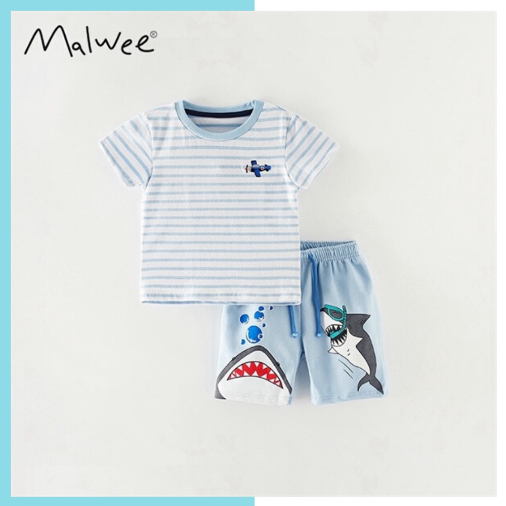 Bộ hè cotton bé trai Malwee (2-8 tuổi) kẻ xanh máy bay quần cá mập 7420