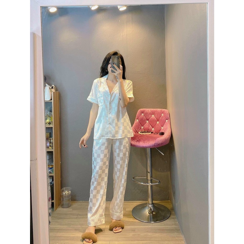 Đồ ngủ, Pijama Nữ Tay Ngắn Lụa Gấm Ô 2 Màu Cực Sang - Đồ Bộ Freesize