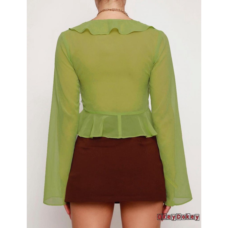 Áo Croptop Tay Loe Dài Cổ Chữ V Màu Trơn Phối Ren Lưới Thời Trang Cho Nữ