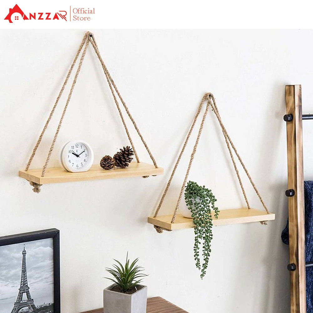 Kệ gỗ treo tường dây thừng decor phòng ngủ, phòng khách trang trí nội thất Anzzar KG03