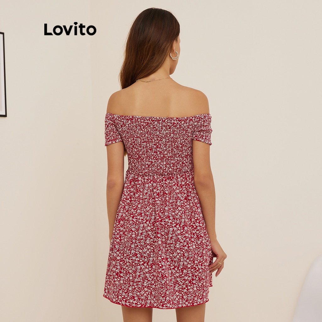 Đầm Lovito trễ vai xếp nếp họa tiết hoa phong cách thường ngày L19D272 (Màu đỏ)