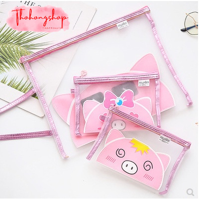 Hộp đựng bút, túi đựng A4 khóa kéo heo hồng cảm xúc KT 255mm*315mm
