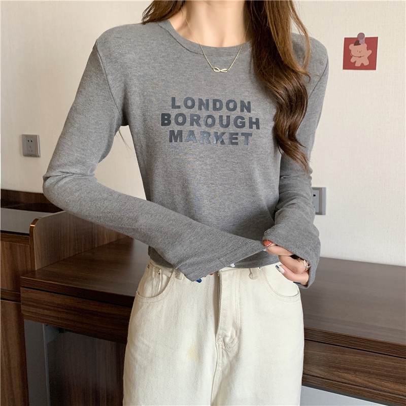 SUXI Áo Thun Tay Dài Cổ Tròn Màu Sắc Trơn In Chữ Phong Cách Hàn Quốc Dành Cho Nữ