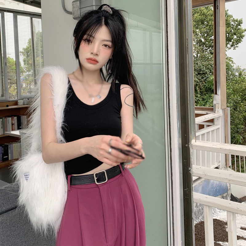 Áo Thun Ôm Hai Dây Cổ Tròn Màu Sắc Đơn Giản Dành Cho Nữ