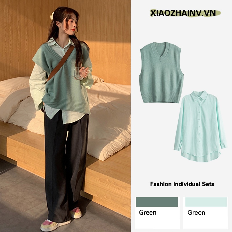 Xiaozhainv Set Áo Sơ Mi Tay Dài Cổ Chữ V + Áo Sơ Mi Dệt Kim Tay Dài Dáng Rộng Phong Cách retro Hàn Quốc 3 Màu Sắc Lựa Chọn
