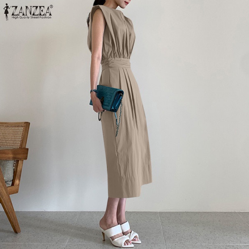 Đầm midi Zanzea không tay cổ tròn màu trơn có khóa kéo sau lưng thanh lịch dành cho nữ