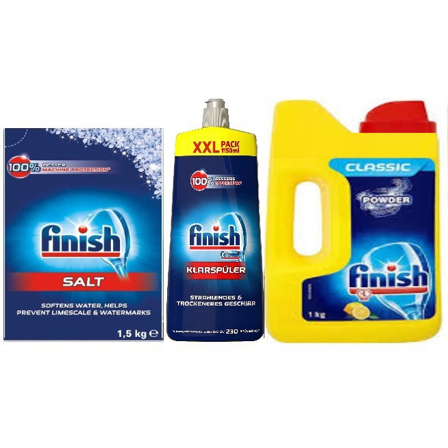 Combo Bột rửa bát Finish 2,5kg + bóng finish 1150ml + muối Finish 1.5kg