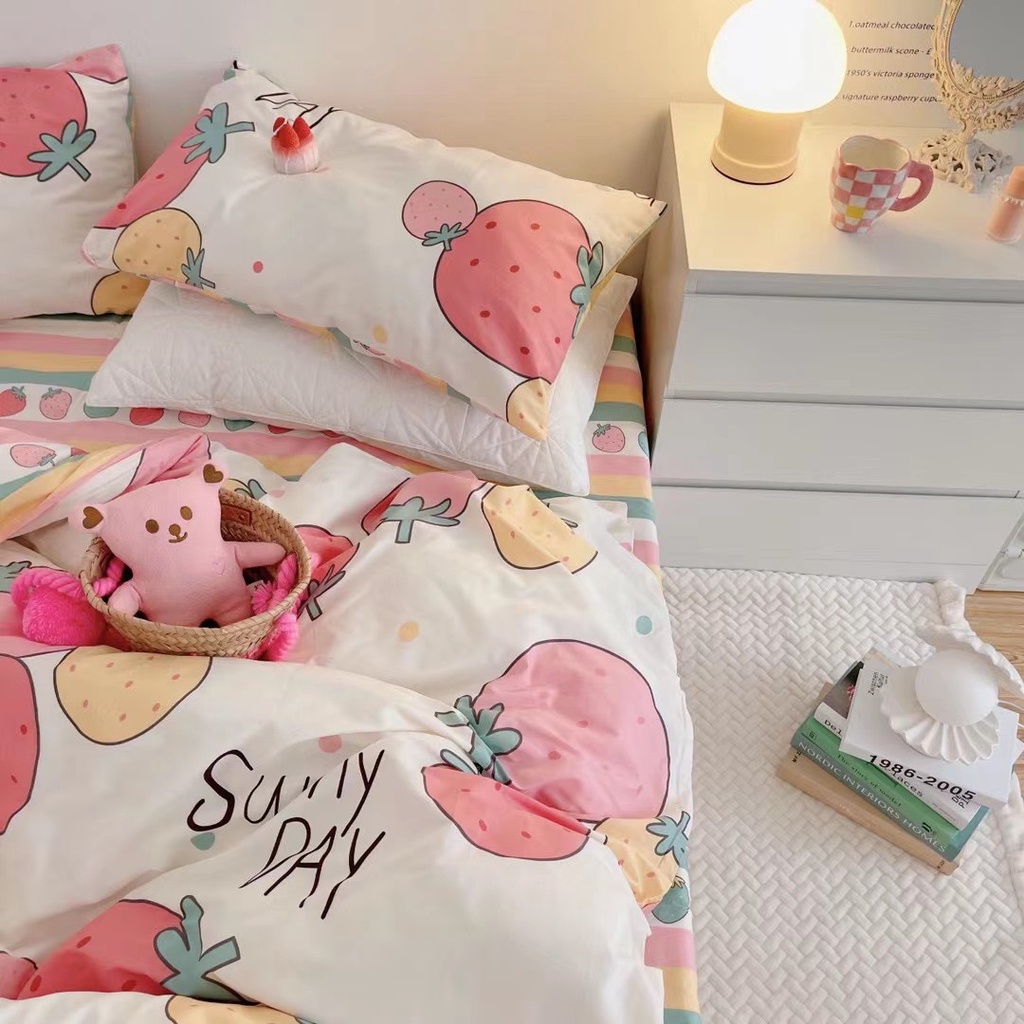 bộ chăn ga gối cotton living nhập khẩu lonaabedding họa tiết dâu tây sunny day ( full size)