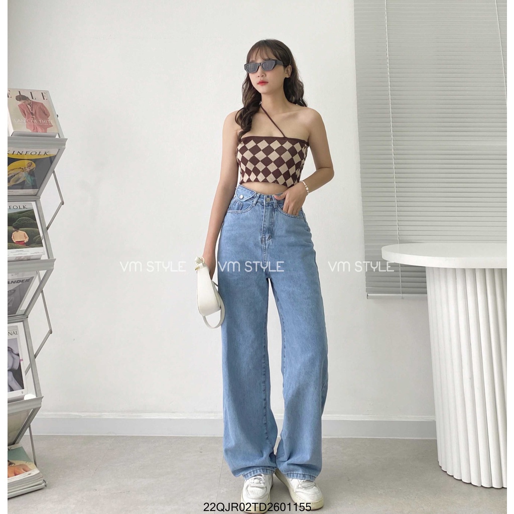 Quần jean ống rộng VM STYLE lưng cao phối 1 túi nhỏ, quần bò nữ cạp cao ống suông đứng ullzang Hàn Quốc 22QJR02TD2601