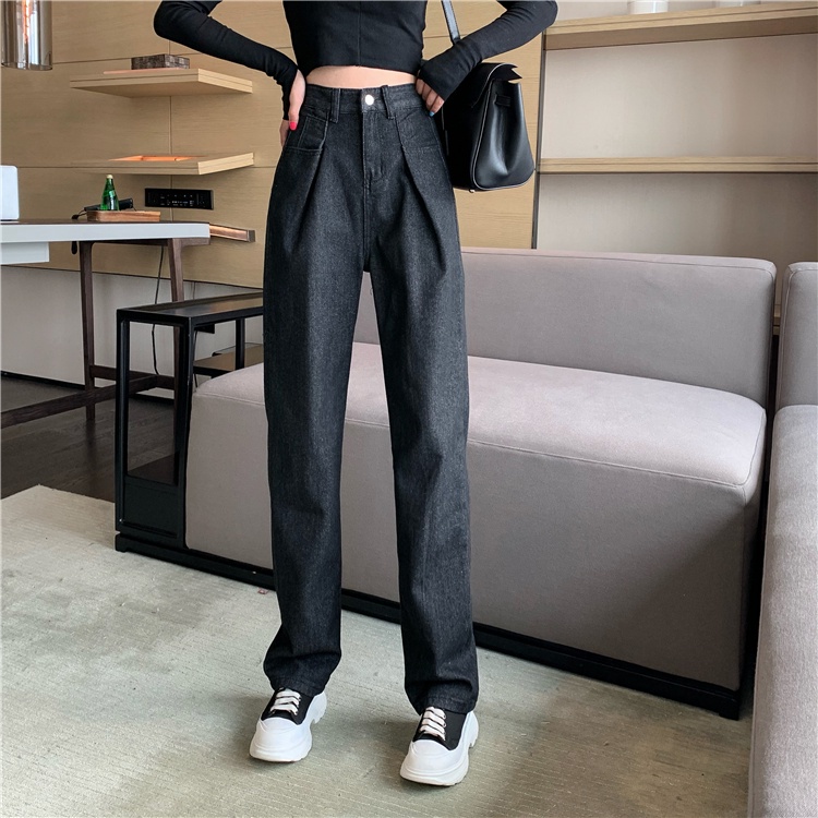 QKOOLE  Quần jean dài ống rộng lưng cao phong cách retro Hàn Quốc thời trang cho nữ