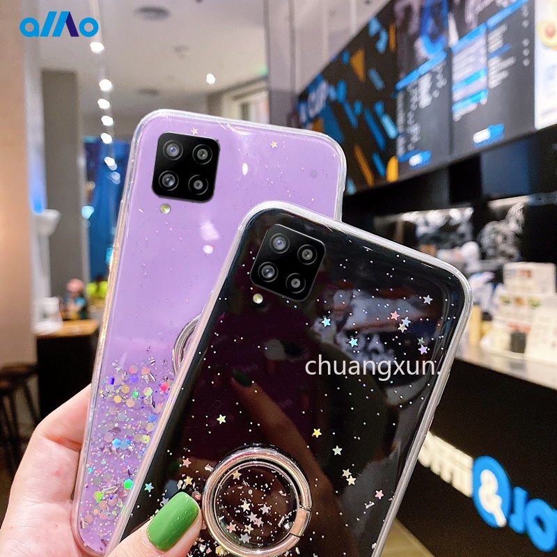 Ốp điện thoại TPU dẻo đính đá lấp lánh có nhẫn giá đỡ cho Samsung Galaxy A22 A05 A52 A72 A32 A42 A02 M02 A02S A12 4g 5g