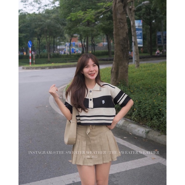 Áo/ Váy polo chất len thô be kẻ đen the.sweaterweather TSW