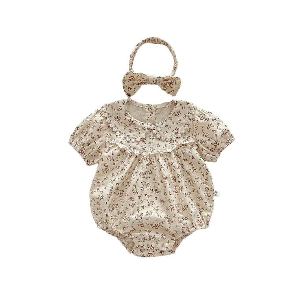 Áo Liền Quần Cổ Búp Bê Họa Tiết Hoa Kèm Băng Đô Cài Tóc Thời Trang Mùa Hè Cho Bé Gái 0 -