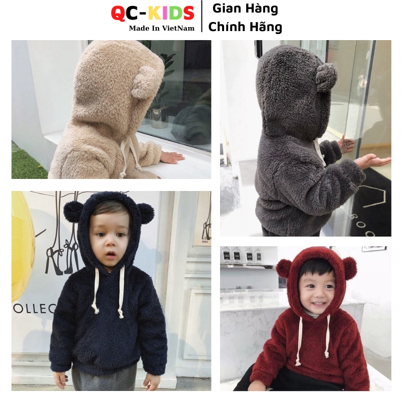 Áo thu đông cho bé trai, bé gái 8 đến 18 kg, Áo nỉ hoodie lông tai Gấu cho bé QC-KIDS