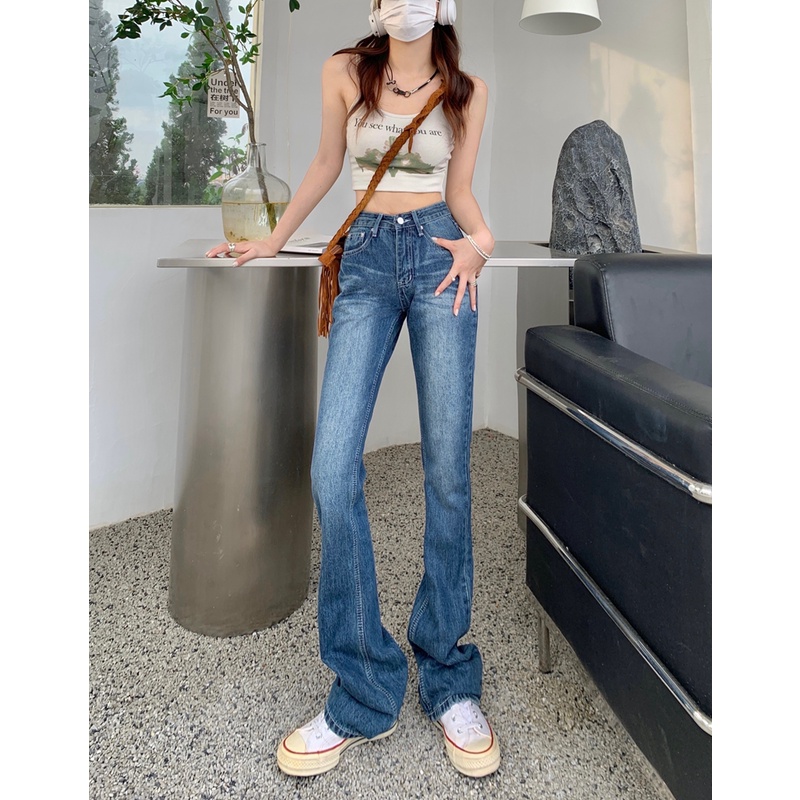 Quần Jeans dáng suông ống rộng cạp cao phong cách Ulzzang