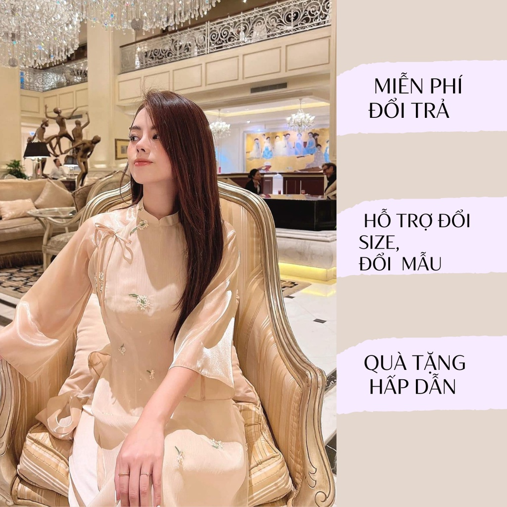 Áo dài " Cúc Chi " áo dài cách tân voon tơ Thêu 4 tà cao cấp