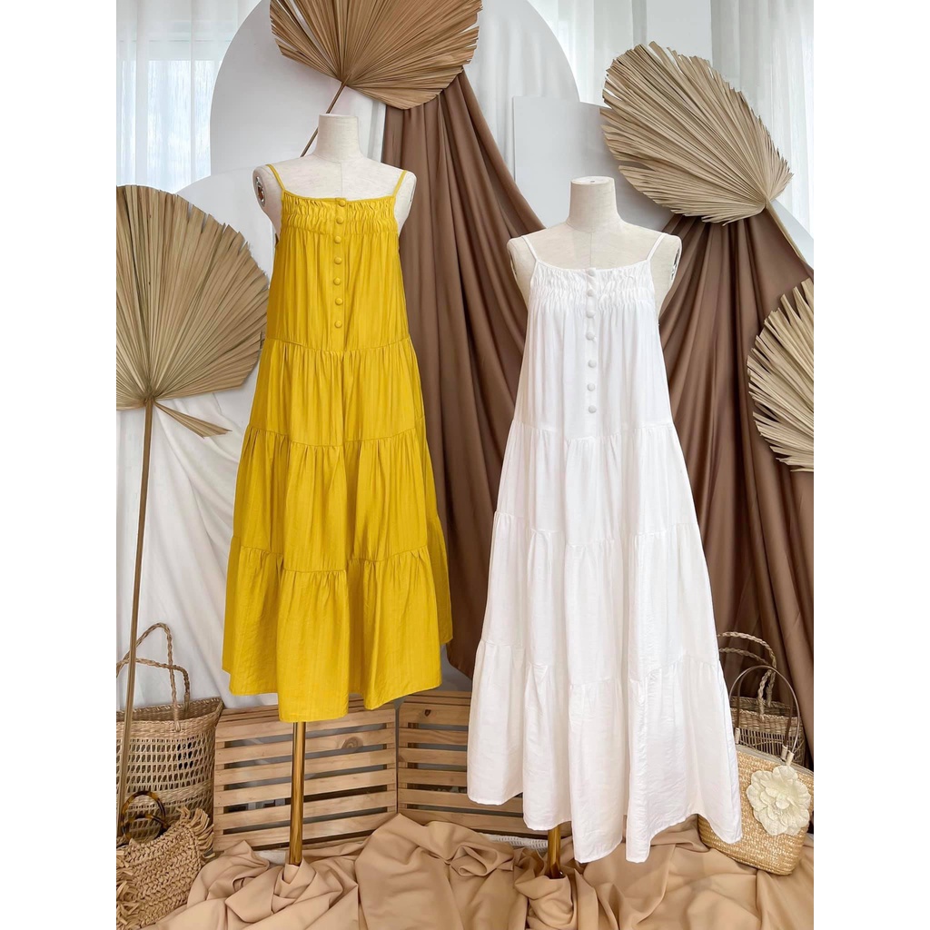 Đầm maxi 2 dây nút bọc, chất vải tơ xước cao cấp