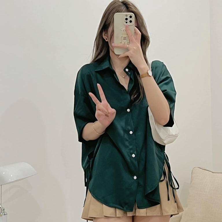 Áo Sơ Mi Buộc Nơ Eo Tay Lỡ Vạt Bầu Chất Lụa Mát Nhiều Màu, Labibi