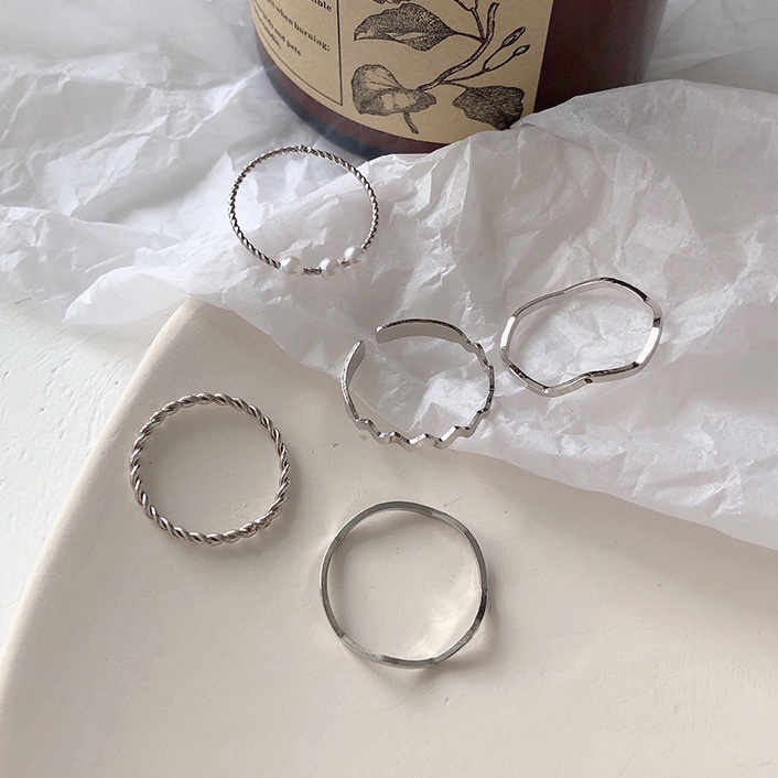 Bộ Nhẫn Hợp Kim Màu Vàng/Bạc Đính Ngọc Trai Thời Trang