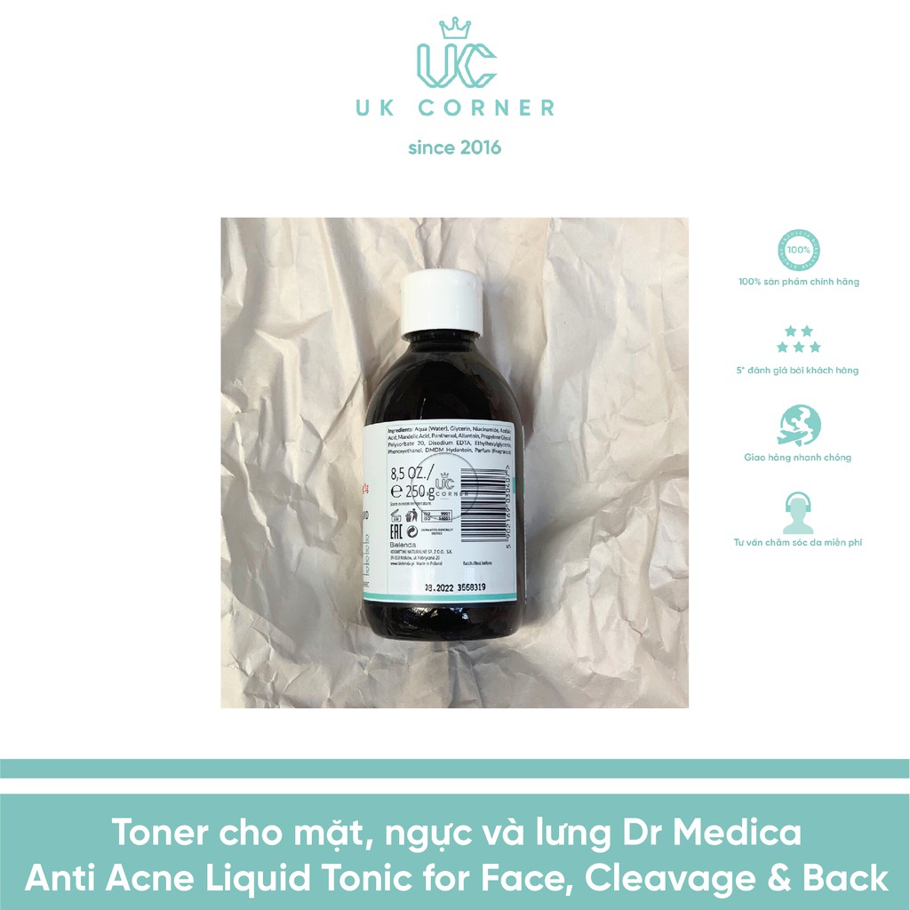 Toner giảm mụn cho mặt, ngực và lưng Dr Medica Anti Acne Liquid Tonic for Face, Cleavage and Back