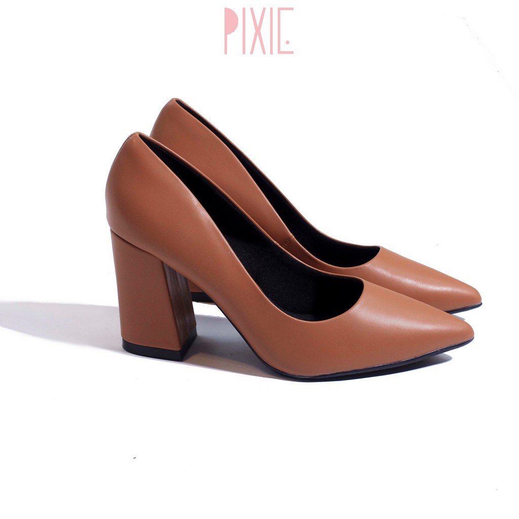 Giày Cao Gót 7cm Đế Vuông Mũi Nhọn Basic Màu Đen Pixie P159