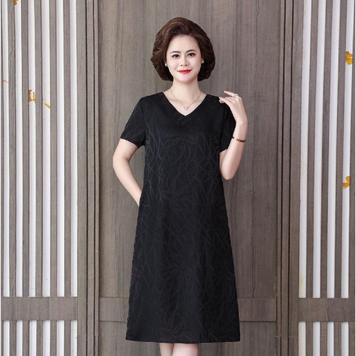 Váy đầm trung niên dáng A suông V35, thời trang đẹp, cao cấp sang trọng mùa hè cho người lớn tuổi dự tiệc dạ hội Bigsize