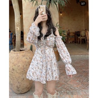 Đầm hoa khoét vai rút dây ngực