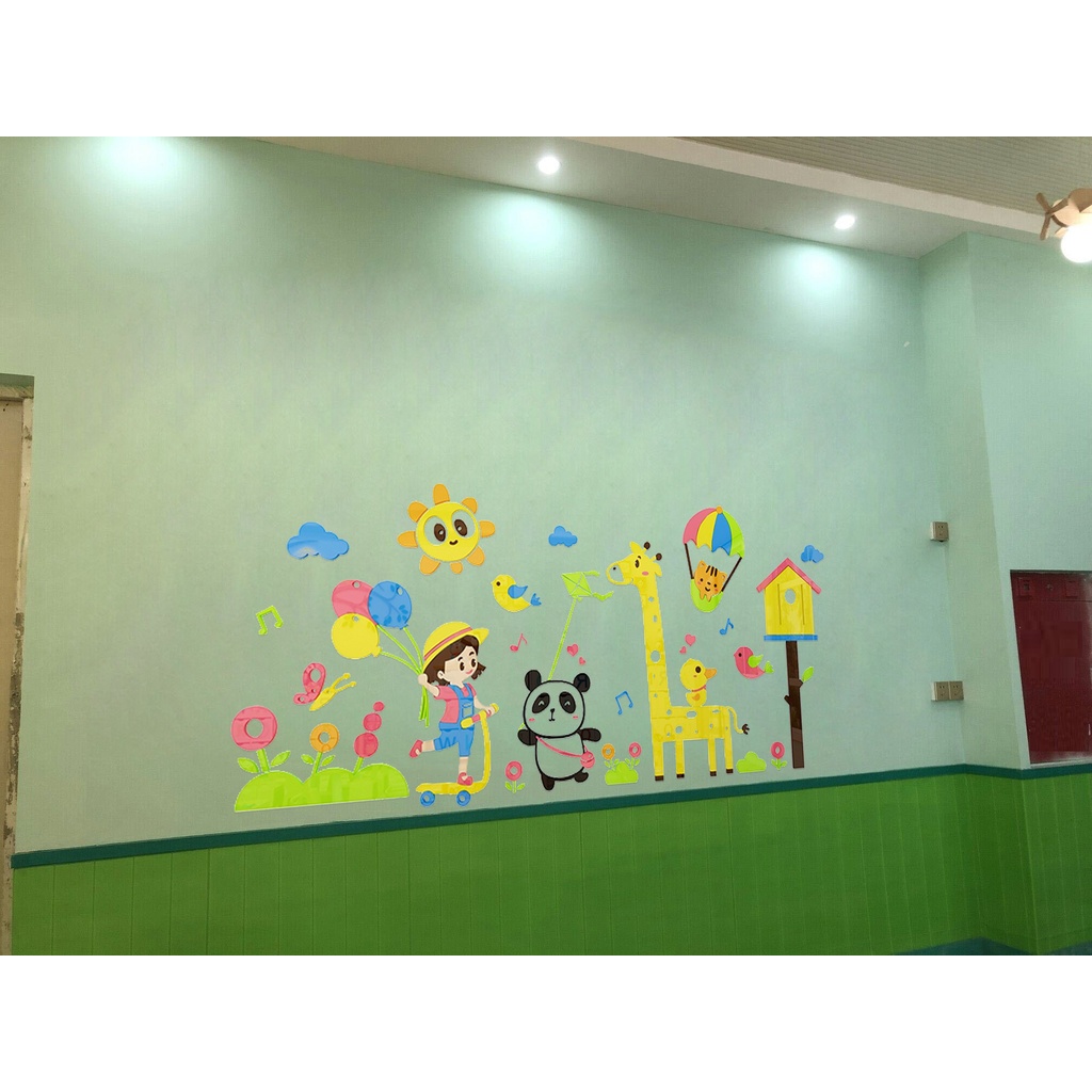 Tranh dán tường mica 3d decor khổ lớn cô bé cùng gấu trúc chơi thả diều trang trí mầm non Nhiều Size - EPeBen