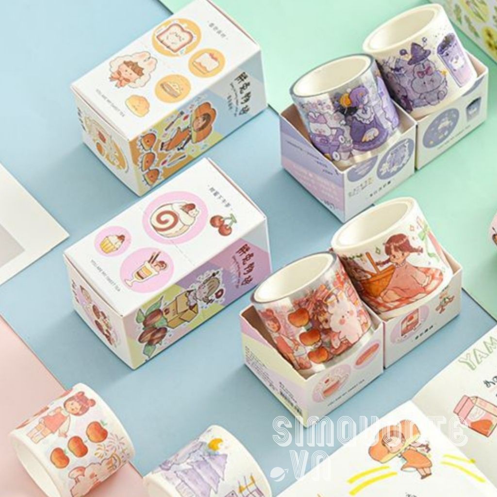 [1 cuộn giấy washi + 1 cuộn nhựa PET khổ to] Hộp 2 cuộn sticker bé gái hoạt hình dễ thương ST119