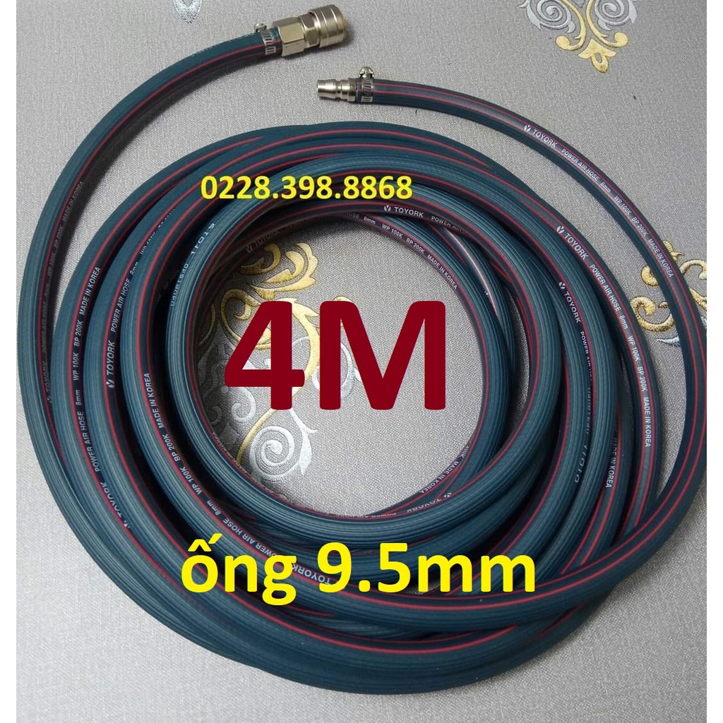 Dây hơi cao su bố vải 4m, made in Korea, lỗ 9.5mm, kèm bộ đầu nối nhanh cao cấp (SS2597) (SS1994)