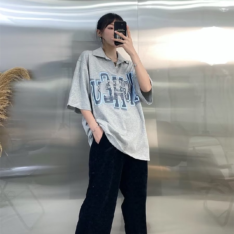 Áo Thun POLO Tay Ngắn Dáng Rộng Thoáng Khí In Chữ Phong Cách hip hop Đường Phố Nhật Bản Thời Trang Cho Nam Và Nữ
