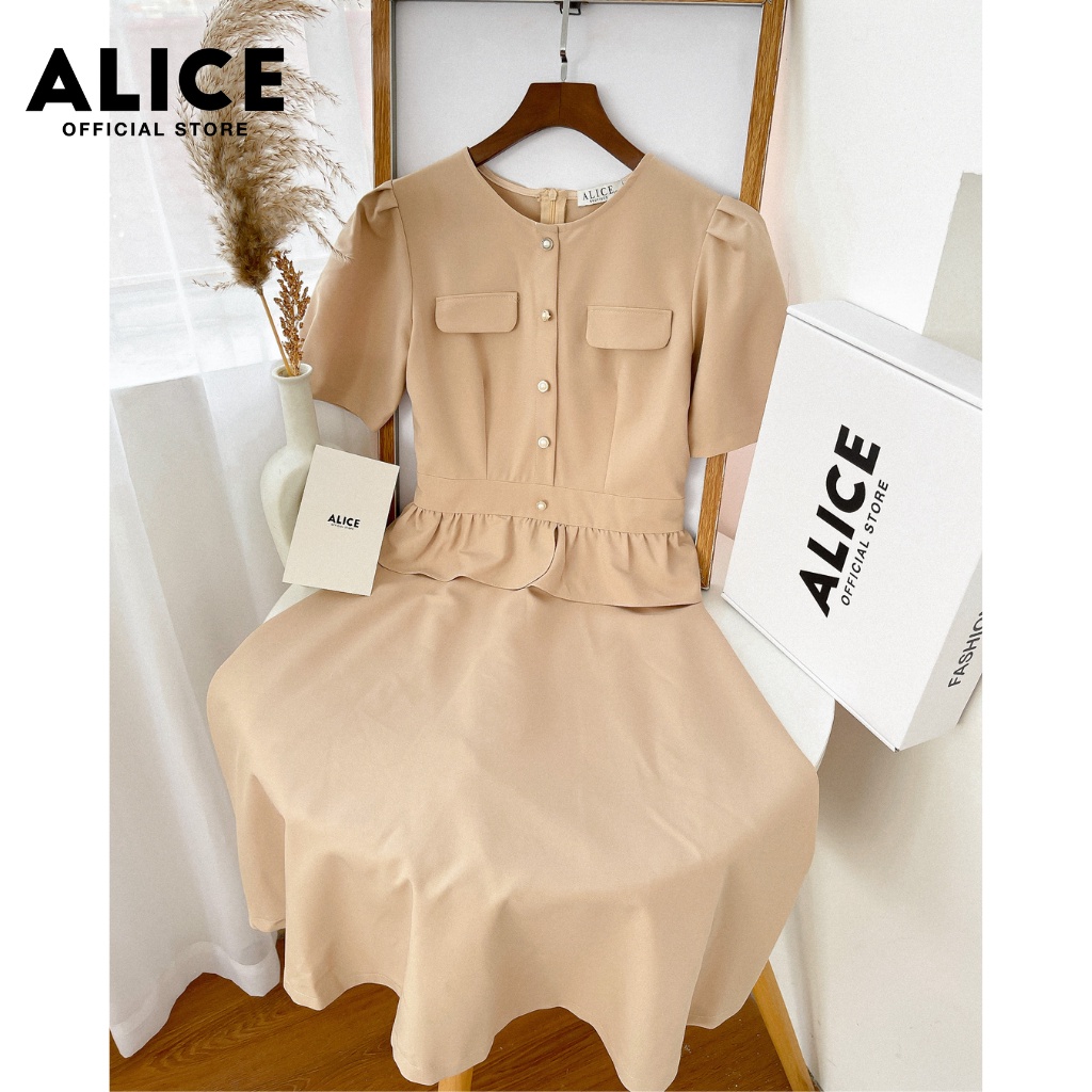 Đầm Công Sở Dáng Xòe ALICE V705, Đầm Thiết Kế Eo Bánh Bèo Dáng Sơ Mi Cổ Tròn Tay Ngắn Độc Đáo | BigBuy360 - bigbuy360.vn