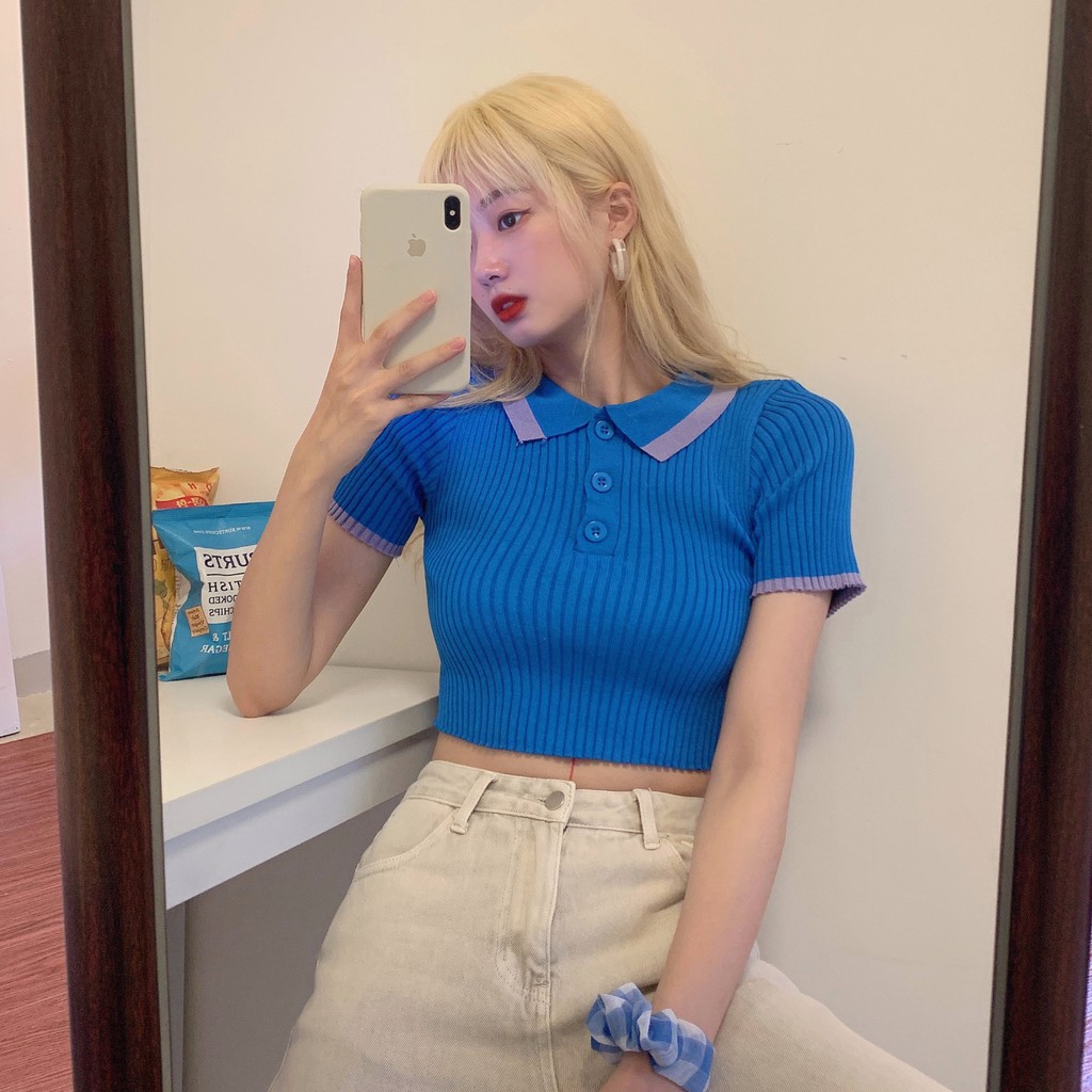 Áo dệt kim tay ngắn cổ polo phối màu tương phản phong cách Hàn Quốc xinh xắn cho nữ